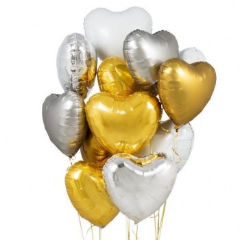 Μπαλόνια Καρδιές με Ήλιο σε Χρυσό, Ασημί και Λευκό. 